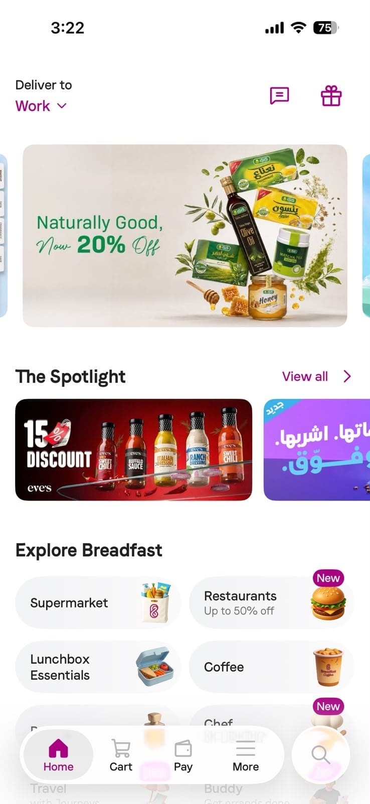 Breadfast app home screen with the iSiS “Naturally Good, Now 20% Off” hero banner above Supermarket and Lunchbox Essentials