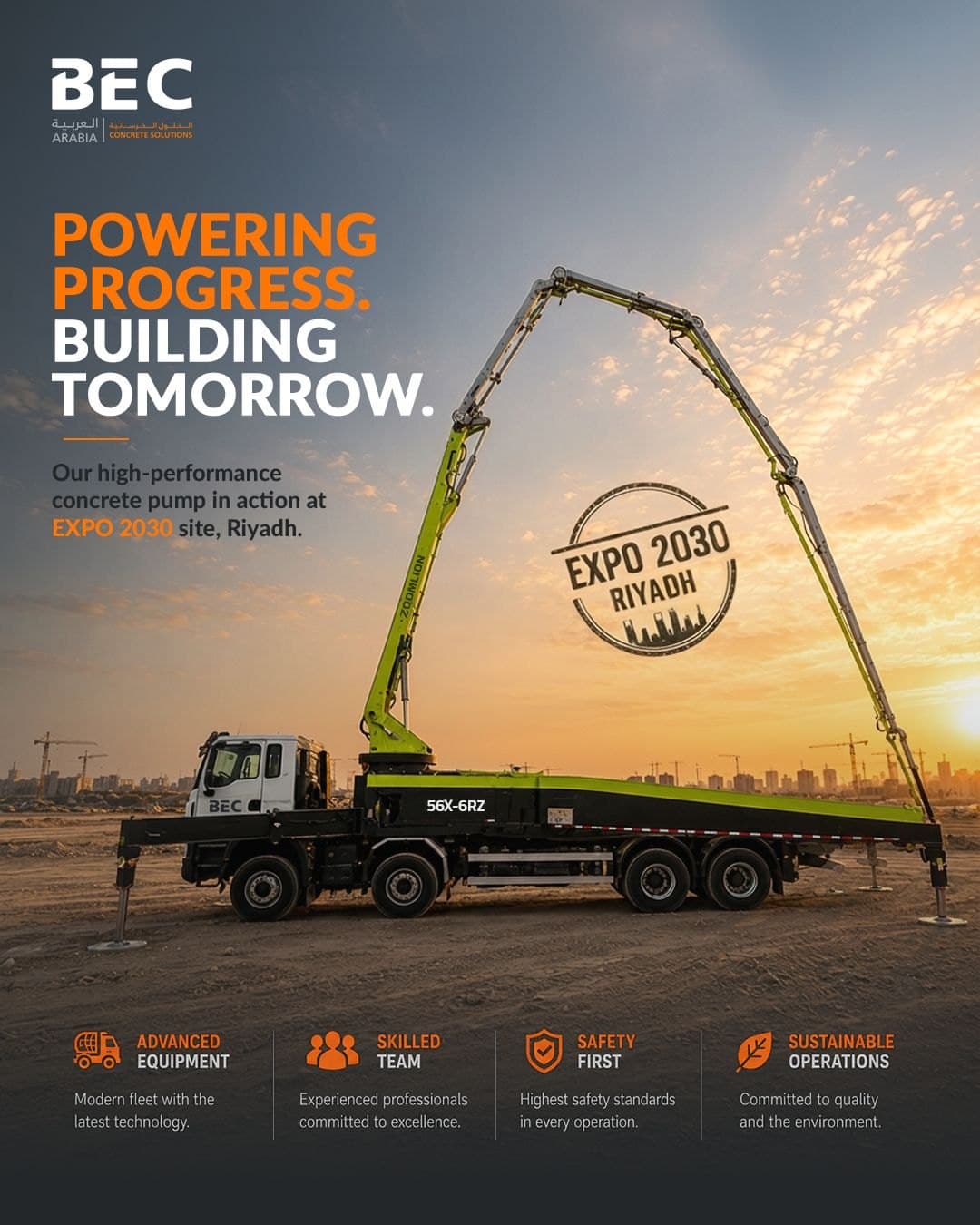 BEC LinkedIn post “Powering Progress. Building Tomorrow.”: a BEC concrete pump at the EXPO 2030 site in Riyadh